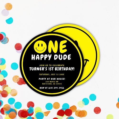 One Happy Dude 1st Birthday BlackYellow Smiley Invitation
