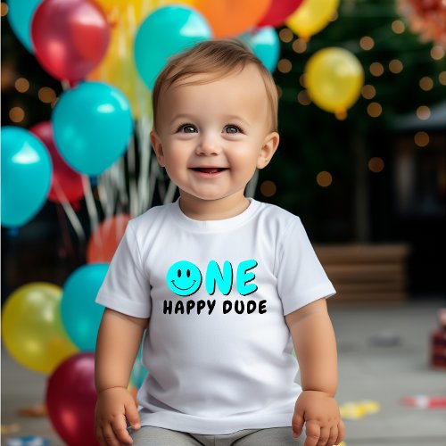 One Happy Dude 1st Birthday Blue Smiley Baby T_Shirt