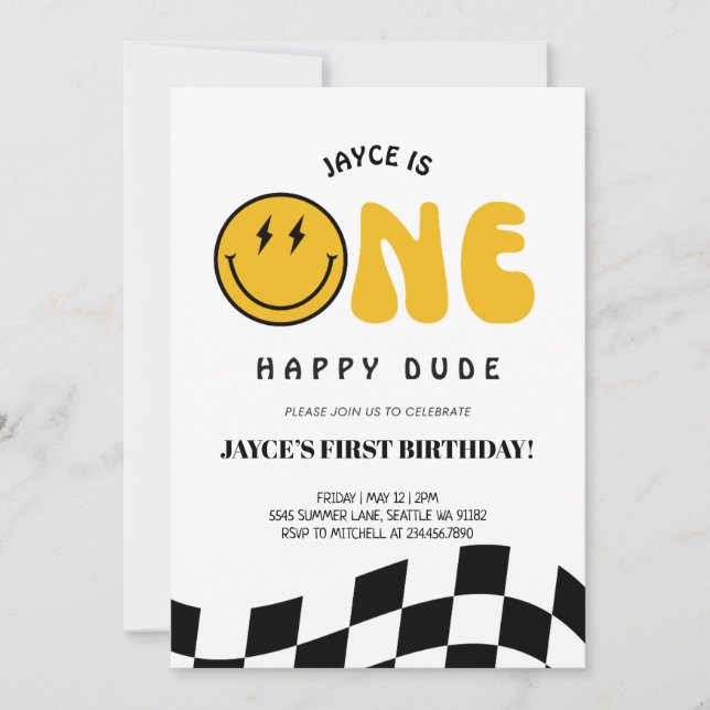 One Happy Dude 1st Birthday Checkered Invitation (Front)