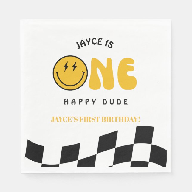 One Happy Dude 1st Birthday Checkered Luncheon Nap Napkins (Front)