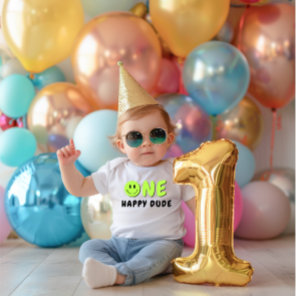 One Happy Dude 1st Birthday Green Smiley Baby Bodysuit