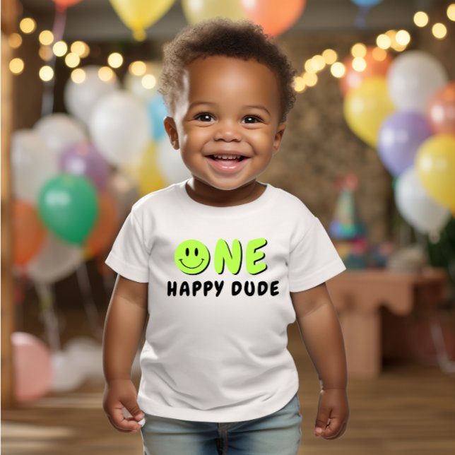 One Happy Dude 1st Birthday Green Smiley Baby T-Shirt (Creator Uploaded)