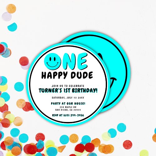One Happy Dude 1st Birthday Smiley Face Invitation