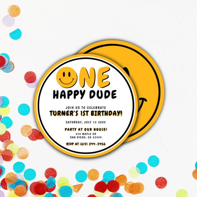 One Happy Dude 1st Birthday Smiley Face Invitation (Creator Uploaded)