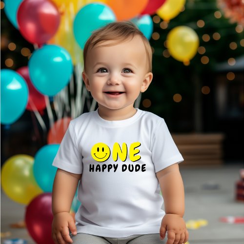 One Happy Dude 1st Birthday Yellow Smile Baby T_Shirt