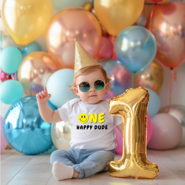 One Happy Dude 1st Birthday Yellow Smiley Baby Bodysuit (Creator Uploaded)