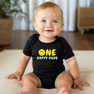 One Happy Dude 1st Birthday Yellow Smiley Baby Bodysuit