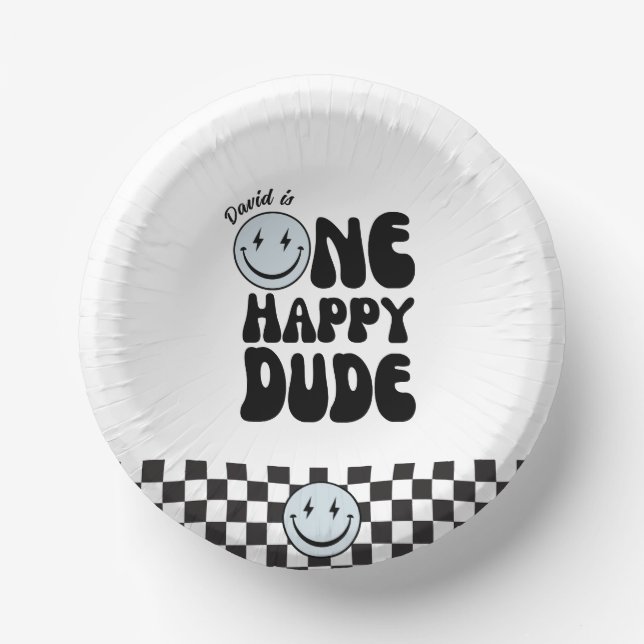 One Happy Dude Blue Happy Face Birthday Paper Bowls (Front)