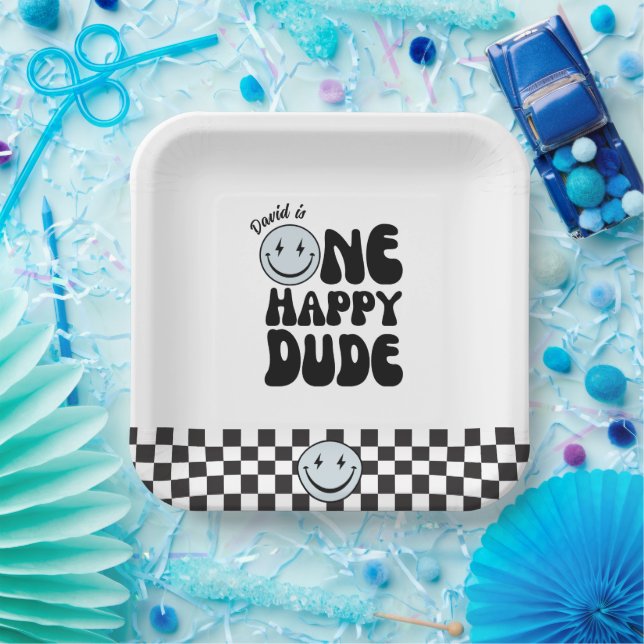 One Happy Dude Blue Happy Face Birthday Paper Plates (Party)