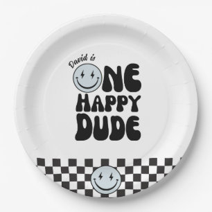 One Happy Dude Blue Happy Face Birthday Paper Plates