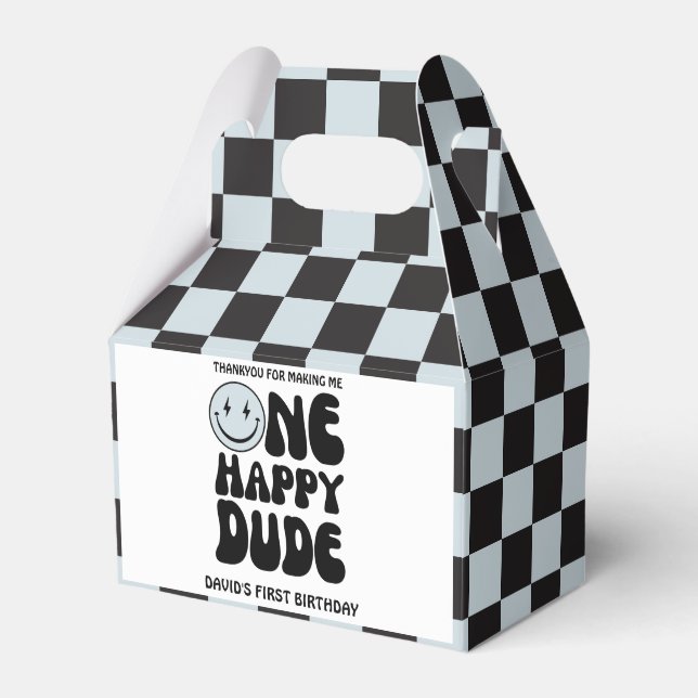 One Happy Dude Blue Happy Face Boy First Birthday Favor Boxes (Front Side)