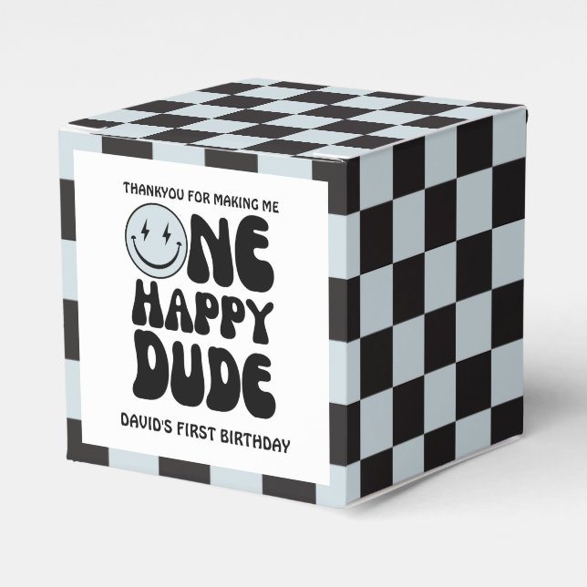 One Happy Dude Blue Happy Face Boy First Birthday Favor Boxes (Front Side)