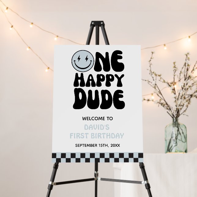 One Happy Dude Blue Happy Face Boy First Birthday  Foam Board (In Situ (Stand))
