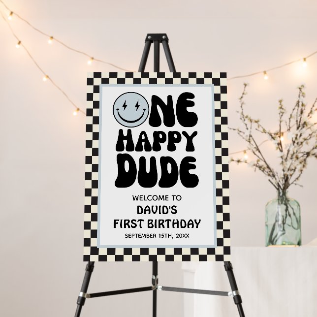 One Happy Dude Blue Happy Face Boy First Birthday  Foam Board (In Situ (Stand))
