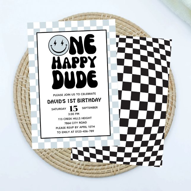 One Happy Dude Blue Happy Face Boy First Birthday  Invitation (Creator Uploaded)