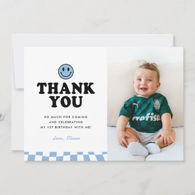 One Happy Dude Blue Happy Photo Boy 1st Birthday Thank You Card (Front)