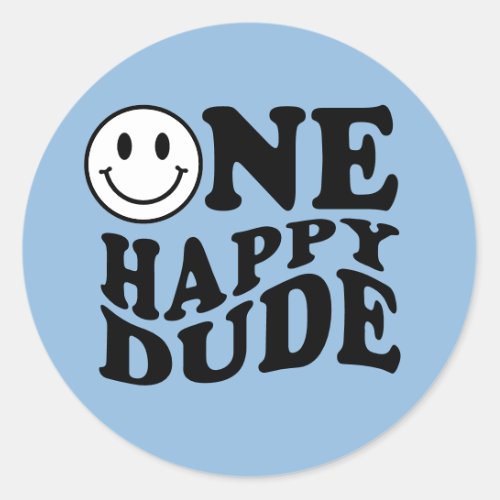 One Happy Dude Blue Preppy Smile First Birthday  Classic Round Sticker