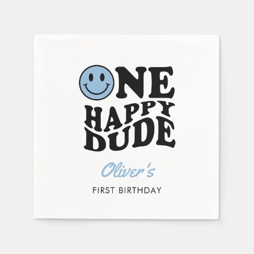 One Happy Dude Blue Retro Happy Face 1st Birthday  Napkins