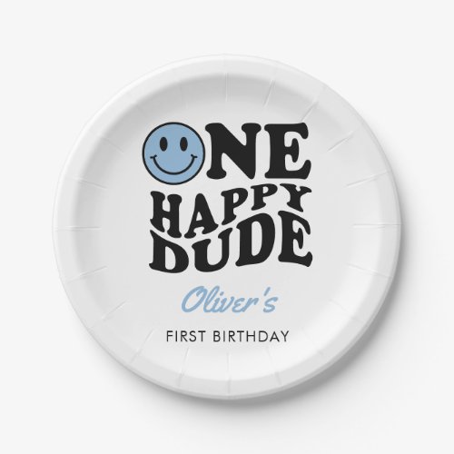 One Happy Dude Blue Retro Happy Face 1st Birthday  Paper Plates