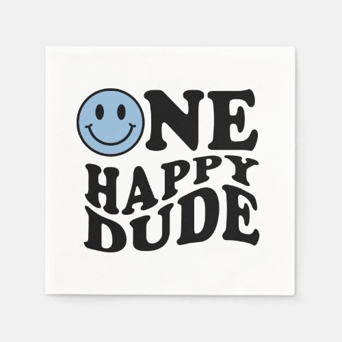 One Happy Dude  Blue Retro Preppy Smile Birthday Napkins