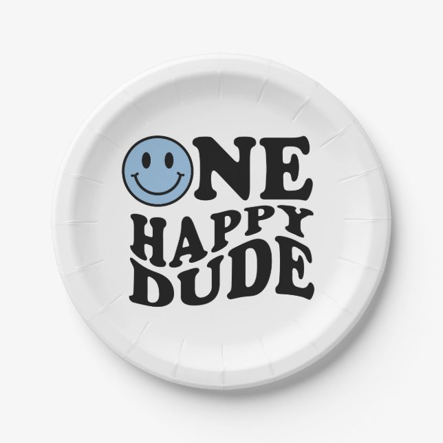 One Happy Dude | Blue Retro Preppy Smile Birthday  Paper Plates (Front)
