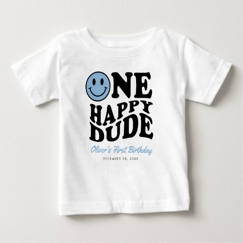 One Happy Dude Blue Smile Face Boy 1st Birthday Baby T_Shirt