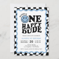 One Happy Dude   Blue Smile Face Boy 1st Birthday Invitation