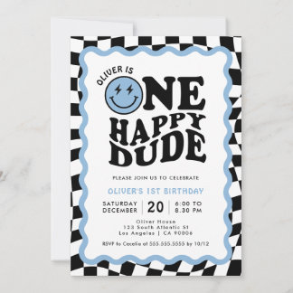 One Happy Dude | Blue Smile Face Boy 1st Birthday Invitation