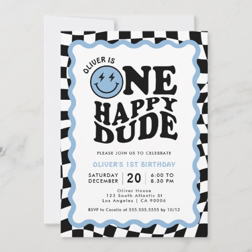 One Happy Dude  Blue Smile Face Boy 1st Birthday Invitation