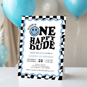 One Happy Dude Blue Smile Face Boy 1st Birthday Invitation