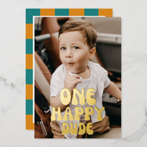  One Happy Dude Boy 1st Birthday Photo Emoji Gold Foil Invitation