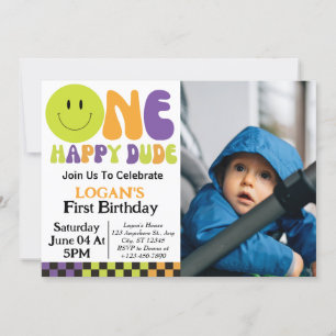 One Happy Dude Boy 1st Birthday Photo Invitation