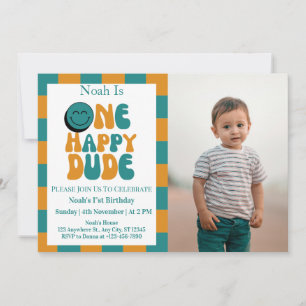 One Happy Dude Boy 1st Birthday Photo Invitation