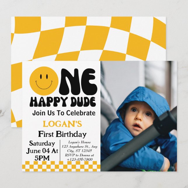 One Happy Dude Boy 1st Birthday Photo Invitation (Front/Back)