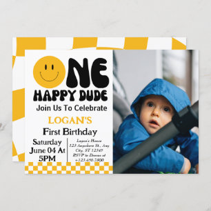 One Happy Dude Boy 1st Birthday Photo Invitation