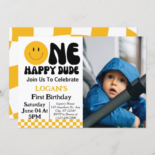 One Happy Dude Boy 1st Birthday Photo Invitation