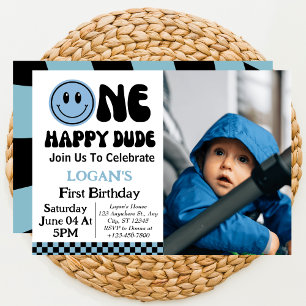 One Happy Dude Boy 1st Birthday Photo Invitation