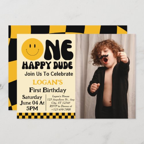 One Happy Dude Boy 1st Birthday Photo Invitation