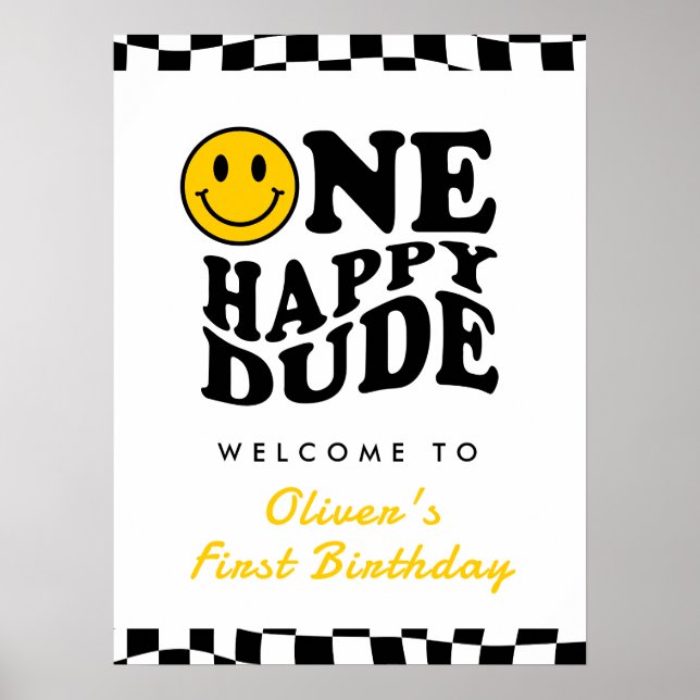 One Happy Dude Boy 1st Birthday Wavy Welcome Poster (Front)