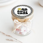 One Happy Dude | Boys Rad Kids 1st Birthday Classic Round Sticker<br><div class="desc">Are you celebrating your happy little dude? Explore our collection of fun and totally rad birthday stationery and party supplies for the ultimate first birthday celebration! This design features a stellar smile,  groovy typography and black and white checkered patterns! Perfect for your birthday party favors and supplies.</div>