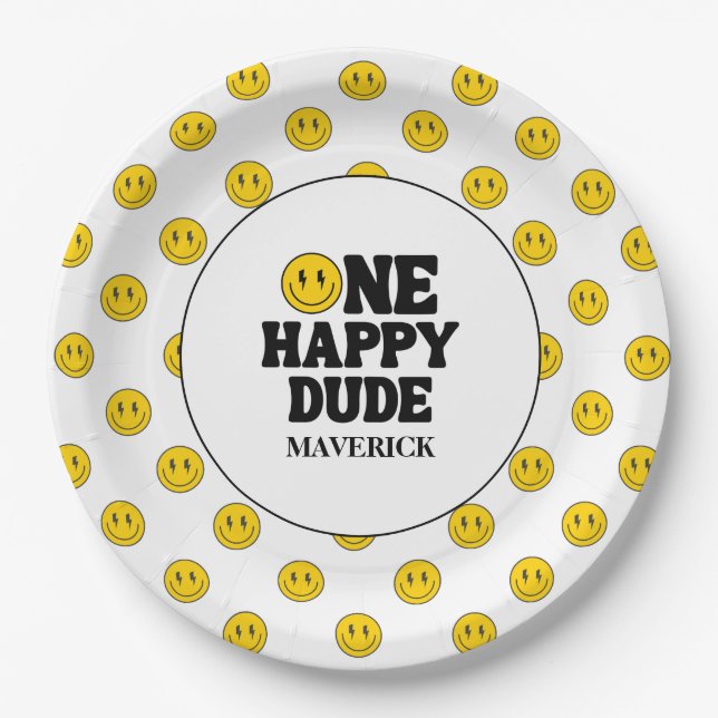 One Happy Dude Boy's Retro 1st Birthday  Paper Plates (Front)