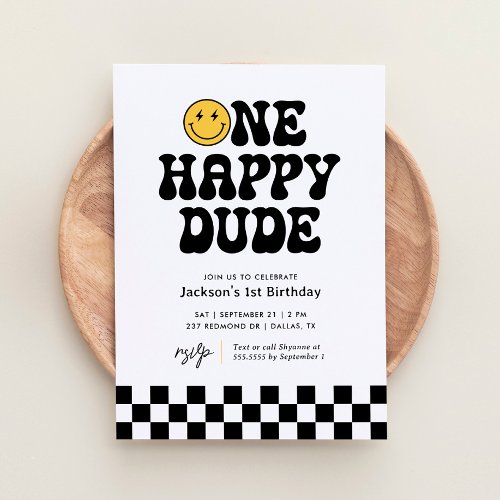 One Happy Dude Checker Happy Face 1st Birthday Invitation