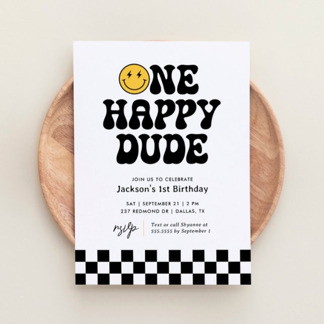One Happy Dude Checker Happy Face 1st Birthday Invitation (Creator Uploaded)