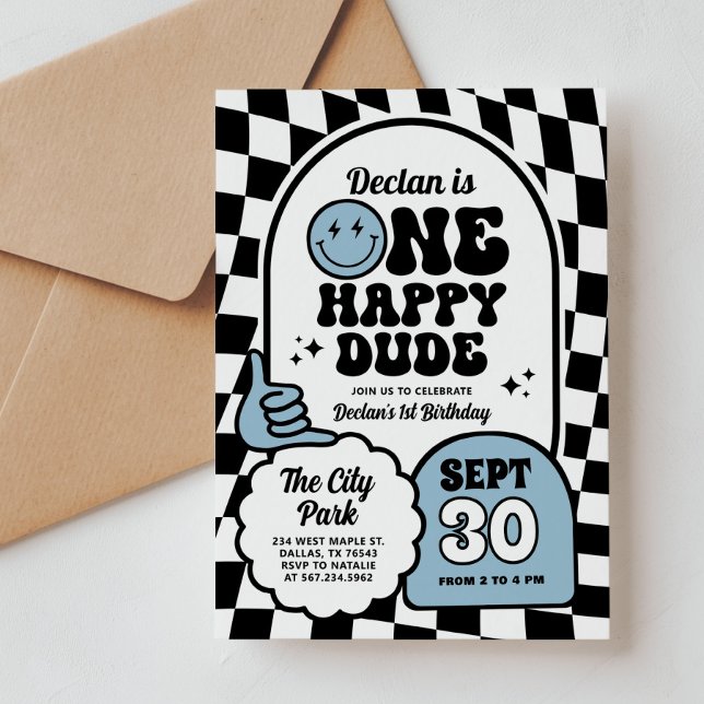 One Happy Dude Checker Smile Boy 1st Birthday Invitation (Creator Uploaded)