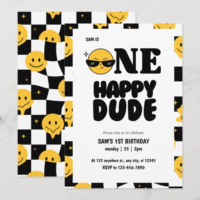 One happy dude checkered happy emoji 1st birthday  invitation (Front/Back)