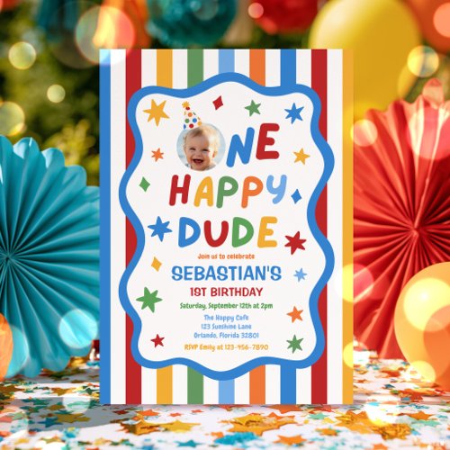 One Happy Dude Colorful 1st Birthday Party Invitation