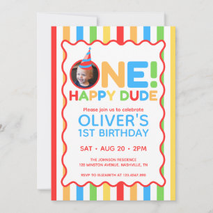 One Happy Dude Colorful 1st Birthday Photo Invitation