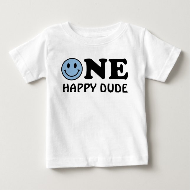 One Happy Dude | Custom Blue Smile First Birthday Baby T-Shirt (Front)