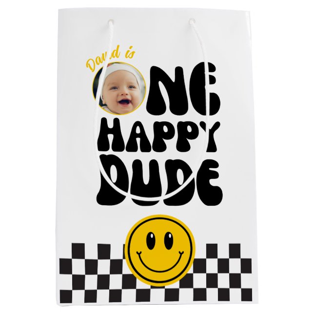 One Happy Dude Custom Photo First Birthday Medium Gift Bag (Front)