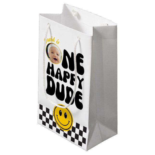 One Happy Dude Custom Photo First Birthday Small Gift Bag (Front Angled)